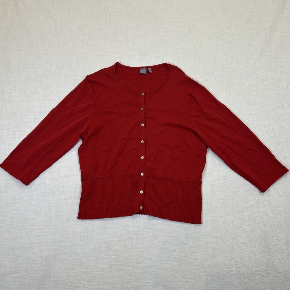 Anne‎ Klein AK2 Red Sweater 3/4 Length Sleeve Button Up Size Large